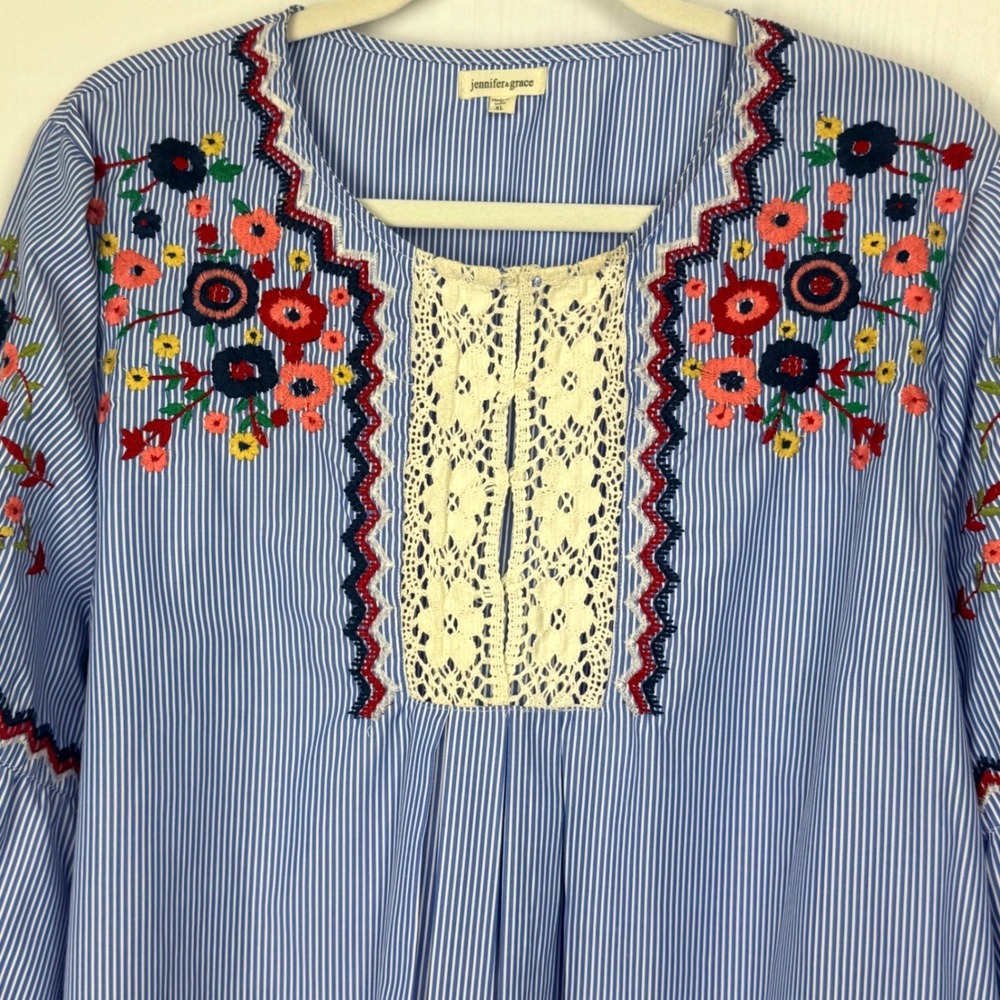Jennifer Grace Women Striped Embroidered Long Bell Sleeve Blouse Top Size XL - Picture 4 of 15